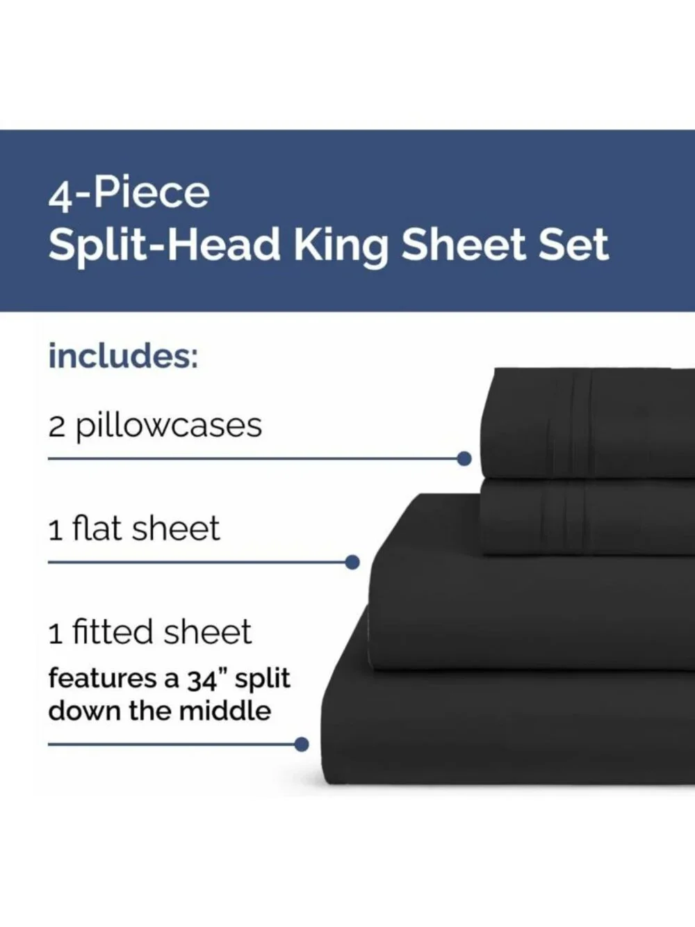 Ultra-Soft Black Split Head King 4-Piece Sheet Set - Breathable & Cozy Bedding